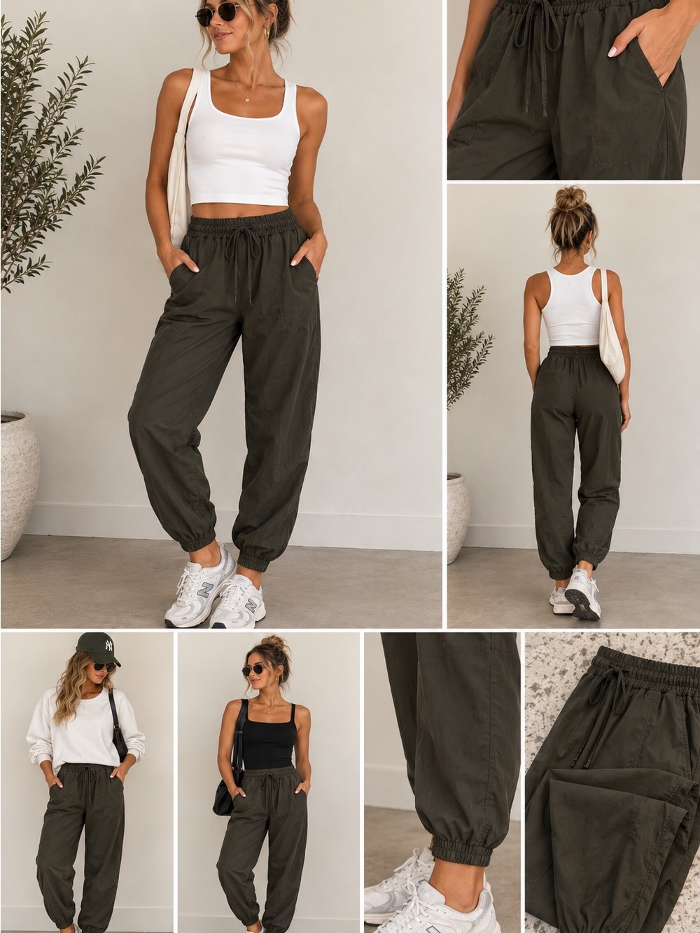Zara Satin Elastic-Waist Olive Utility Jogger Pants for Women